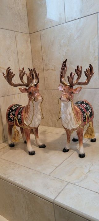 2 Large Vintage Fitz And Floyd Classics Christmas Reindeer Candle Holders W/gold