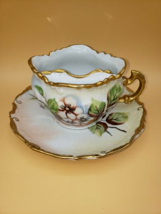 Floral Porcelain Right Handed Mustache Tea Coffee Cup & Saucer Set Jp1200 Euc