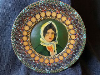Vintage Boho Romanian Folk Art Wood Hand Painted Plate Girl Woman