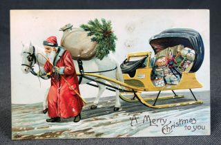 Santa Pulling Sleigh Of Toys Antique Vintage Christmas Postcard Pc View Db