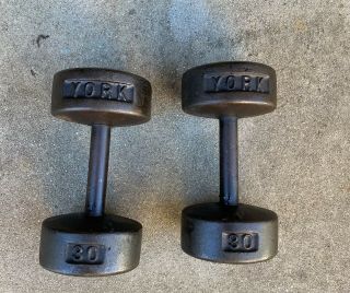 Vintage York 30 Pound Dumbbells Pre - Usa Roundhead 30 Lb Total Weight 60 Lb
