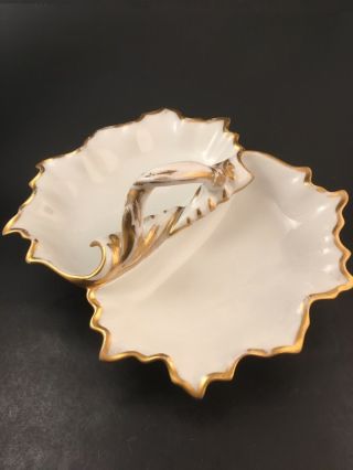 Antique 19th Century Old Paris French Porcelain 2 - Part Leaf Shaped Handled Dish