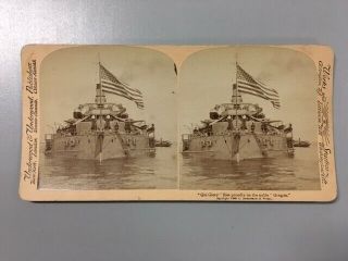 Antique Stereoview Usa Flag On The Battleship Oregon 1899 Strohmeyer & Wyman