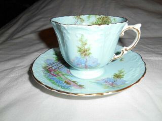 Vtg.  Aynsley Bone China Pale Green Cup & Saucer Woods Scene Made In England Euc
