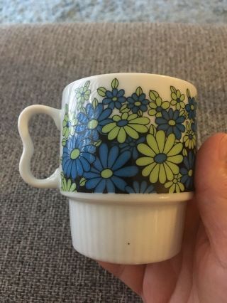 Vintage Retro 70s Blue And Green Flowers Stackable Coffee Mug Cup