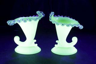 Pair Antique Lefton Uranium Custard Glass Ruffled Cornucopia Vase/candleholders
