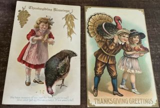 2 Vintage Thanksgiving Day Postcard Boy Girl Turkeys Embossed