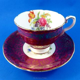 Plum And Gold Exterior With Floral Bouquet Royal Stafford Tea Cup And Saucer Set