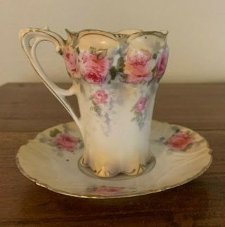 Antique R S Prussia Tea Cup And Saucer Demitasse Floral Red Star