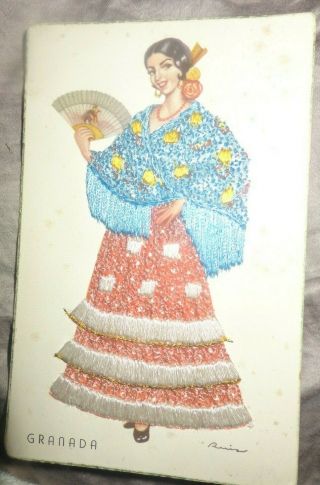 Vintage Spanish Silk Embroidered Postcard Granada Heliotipa Of Madrid A/s