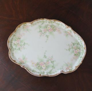 Antique Hand Painted Oval Pink And Green Floral Gold Gilt Porcelain Dresser Tray