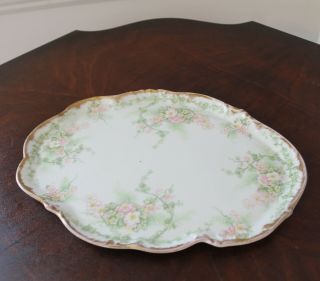 Antique Hand Painted Oval Pink and Green Floral Gold Gilt Porcelain Dresser Tray 2
