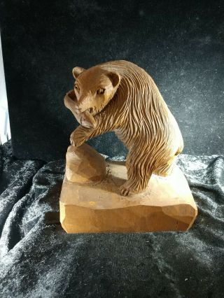 Vintage Hand Carved Wood Bear With Fish