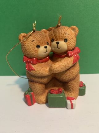 Lucy & Me Christmas Bear Family Ornament Rigg 1982 Enesco Husband Hugging Wife