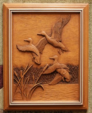 Vintage Bas - Relief Hand Cast Wood Carving Of Ducks By Canadian Kim Murray