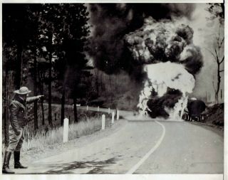 1936 Press Photo California Highway Patrol Shooting Gas Truck On Fire