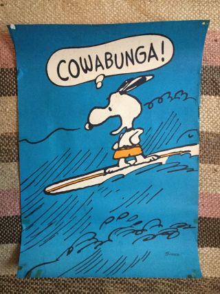 Rare Vintage 50s Peanuts Poster Snoopy Surfing Cowabunga Charles Schulz Hallmark