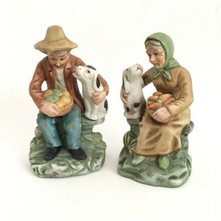 Home Interior/homco Porcelain Old Man,  Woman Farmers And Their Dogs