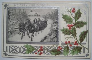 Old 1909 Christmas Postcard; Family In Sleigh; Holly; Embossed