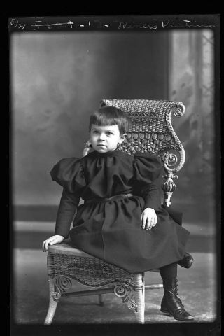 Glass Plate Negative 1890 Young Girl Short Hair Wicker Chair Legs Cross