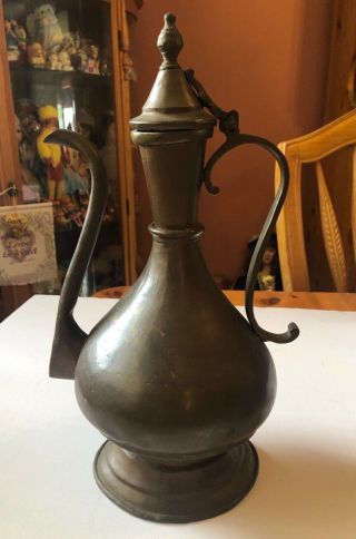 Brass Water Pitcher Ewer Persian Style Lidded Vintage Antique