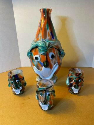 Rare Vintage Murano Italian Glass Clown Decanter & 3 Clown Glasses Set Italy