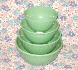 Vintage Fire King Jadite Green Swirl Nesting Bowls Set Of 4 - 6,  7,  8,  9 " Vguvc