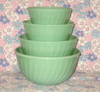 Vintage Fire King Jadite Green Swirl Nesting Bowls Set of 4 - 6,  7,  8,  9 
