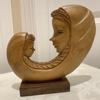 Madonna&child/mother And Son Wooden Hand Carved Vintage Wall Sculpture 8 " By 8 "