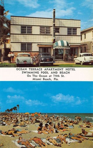 Miami Beach Fl Ocean Terrace Apartment Swimming Pool & Beach Old Cars Postcard