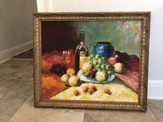 Antique Vintage Oil Painting On Canvas Wine Fruits Grapes Still Life 28” X24”