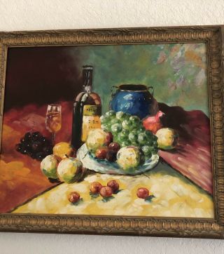 Antique Vintage Oil Painting On Canvas Wine Fruits Grapes Still Life 28” X24” 2