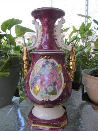 Antique Hand Painted Porcelain Table Lamp Gold Gilt 13 " Burgundy Base Only