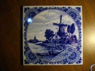 Vintage 1970 " Blauw Delft Handpainted Made In Holland " Blue Delft Tile 6 " X 6 "