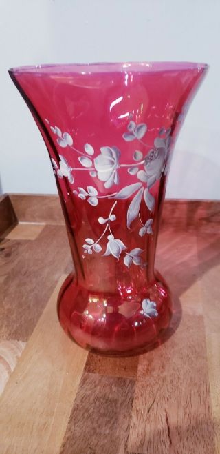 Large Antique Cranberry Art Glass Vase Hand Painted White Enamel Flowers
