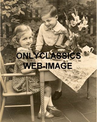 1920s Cute Little Girl & Boy Tea Party Birthday Photo Flowers - Charming Americana