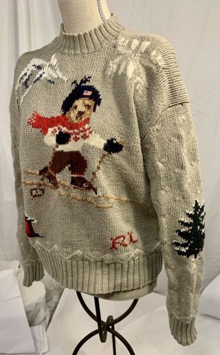 Rare Vintage Ralph Lauren Polo Sport Sweater Skiing Bear Sweater Snowflakes Sz L