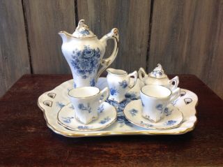 Blue And White 10 Piece Childs Tea Set W/gold Trim