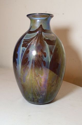 Vintage Hand Blown Slack Studio Signed Art Glass Vase Pulled Feather Opal Aurene