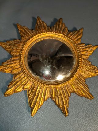 Italian Gilt Sunburst Convex Mirror Small Wood Gold Mid Century