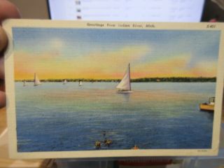 Vintage Old Postcard Michigan Greetings From Indian River Generic Lake Sailboats