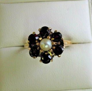 Vintage 9 Carat Gold Garnet And Pearl Flower Cluster Ring Size O