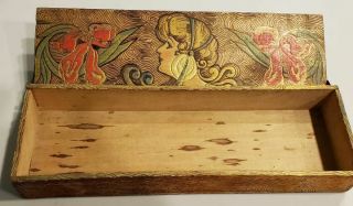 C.  1914 Flemish Art Pyrography Wooden Water Color Paint Box Two Sided Lid,  Art No