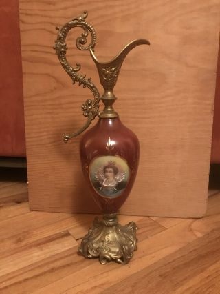 15” Victorian Ewer Vase Queen Victoria Painted Porcelain & Ornate Cast Metal