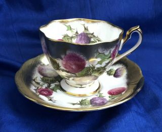 Queen Anne Footed Cup Teacup Saucer Set England Purple Pink Gold Thistle 5295