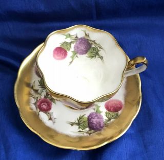 Queen Anne Footed Cup Teacup Saucer Set England Purple Pink Gold THISTLE 5295 2