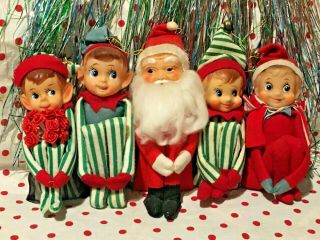 Vintage 5 Fab Large Felt Santa Claus Knee Hugger Pixie Elf Christmas Elves Decor