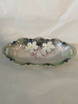 Antique Rs Prussia Two - Handled Floral Relish Tray 9”