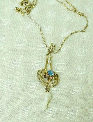 Antique Art Nouveau Sapphire & Pearl Lavalier Necklace 19k Yellow Gold