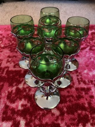 7 Green Morgantown Glass Farber Bros Art Deco Insert Chrome Cocktail Stems